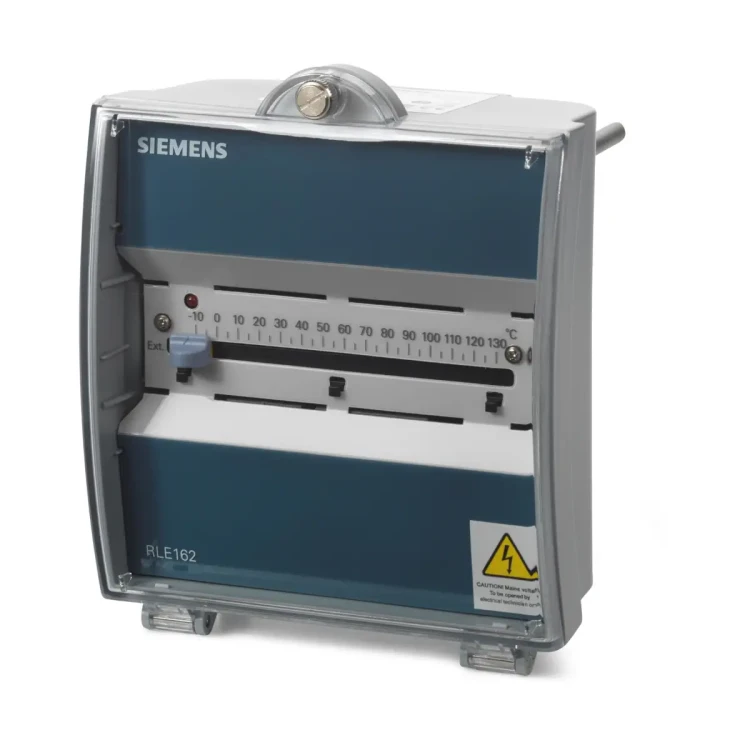 RLE162 Regulator temperatury z czujnikiem zanurzeniowym, 24 [V] AC, -10..+130 [°C], 1 lub 2 wyjścia 0..10 [V], przekaźnik pomocniczy, czujnik 150 [mm], zadajnik, Synco™ 100