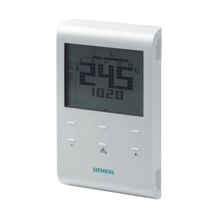 RDE100.1DHW Regulator pomieszczeniowy, 3 [V] DC (baterie), 5..35 [°C], wyjście 2-stawne, program tygodniowy oraz ręczne przełączanie trybu pracy, automatyczne / ręczne załączanie przygotowania c.w.u.