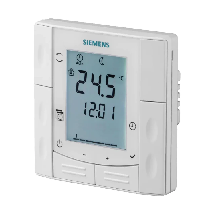 RDE410/EH Regulator pomieszczeniowy, 230 [V] AC, 5..35 [°C], wyjście 2-stawne maks. 16 [A], program tygodniowy oraz ręczne przełączanie trybu pracy, wejście dla czujnika podłogowego QAP1030/UFH, opcja ograniczenia temperatury podłogi,