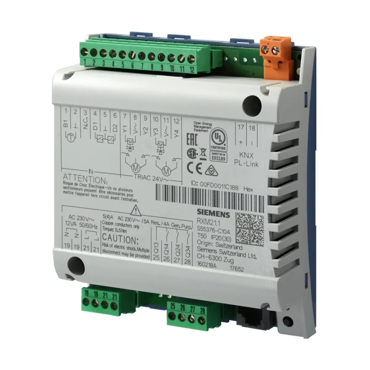 RXM21.1 Moduł IO PL-Link do klimakonwektora 3-biegowego, z wyjściami do sterowania siłownikami termicznymi lub trójstawnymi (3 wyjścia przekaźnikowe, 4 wyjścia triakowe, 2 wejścia cyfrowe, 1 wejście do czujnika temperatury LG-Ni1000)