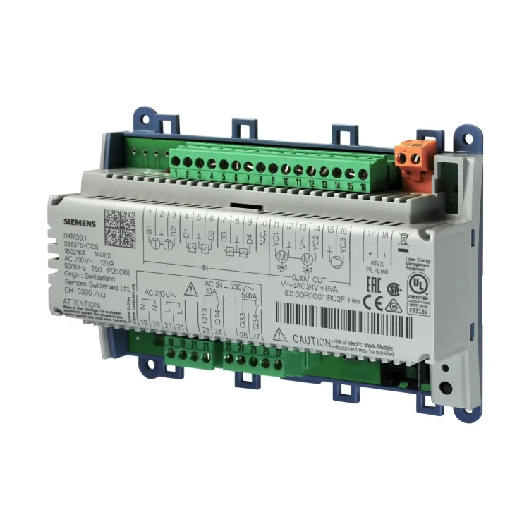 RXM39.1 Moduł IO PL-Link do klimakonwektora z wentylatorem ECM i siłownikami sterowanymi sygnałem ciągłym 0-10V (2 wyjścia przekaźnikowe, 3 wyjścia analogowe 0-10V, 4 wejścia cyfrowe, 2 wejścia do czujnika temperatury LG-Ni1000)