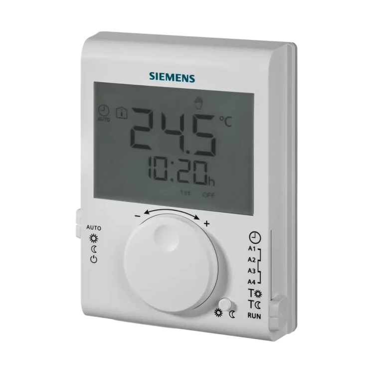 RDJ100 Regulator pomieszczeniowy, 3 [V] DC (baterie), 5..30 [°C], wyjście 2-stawne z algorytmem TPI, ogrzewanie, program dobowy i ręczne przełączanie trybu pracy, duży wyświetlacz