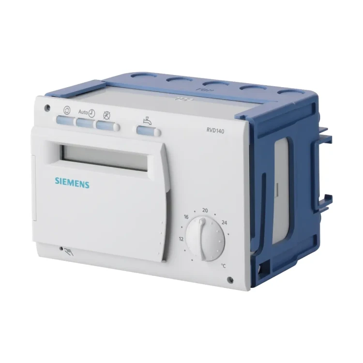 RVD140-A Regulator ciepłowniczy 2-funkcyjnych węzłów cieplnych, z podstawą montażową, zegar cyfrowy, przygotowanie ciepłej wody poprzez wymiennik przepływowy lub zasobnik, do wyboru 8 schematów technologicznych