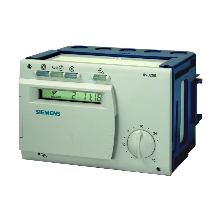 RVD250-A Regulator ciepłowniczy 2-funkcyjnych węzłów cieplnych współpracujący z nadrzędnym systemem sterowania M-bus lub LPB, z podstawą montażową, zegar cyfrowy, możliwość ograniczenia przepływu lub mocy poprzez sygnał z ciepłomierza