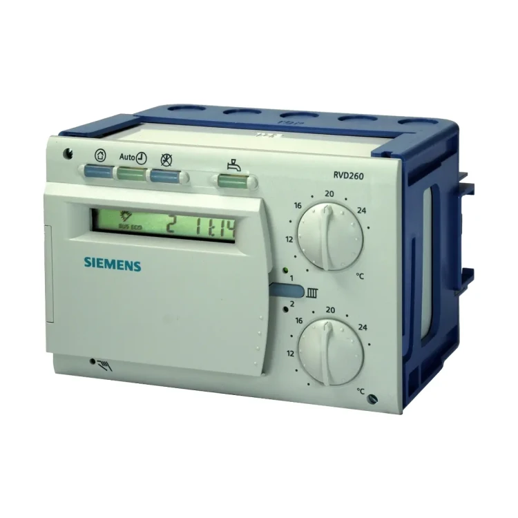 RVD260-A Regulator ciepłowniczy 2-funkcyjnych węzłów cieplnych współpracujący z nadrzędnym systemem sterowania M-bus lub LPB, z podstawą montażową, zegar cyfrowy, możliwość ograniczenia przepływu lub mocy poprzez sygnał z ciepłomierza