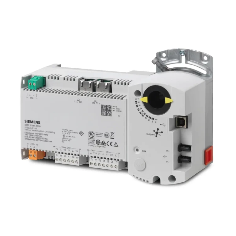 DXR2.E10PL-102B Sterownik kompaktowy 24V AC ze zintegrowanym siłownikiem 10Nm, 1x AO, 4 wyjścia triakowe, 1x DI, 2x UI, wbudowany czujnik różnicy ciśnień, wbudowana magistrala KNX/PL-Link, obsługa do 30 DP