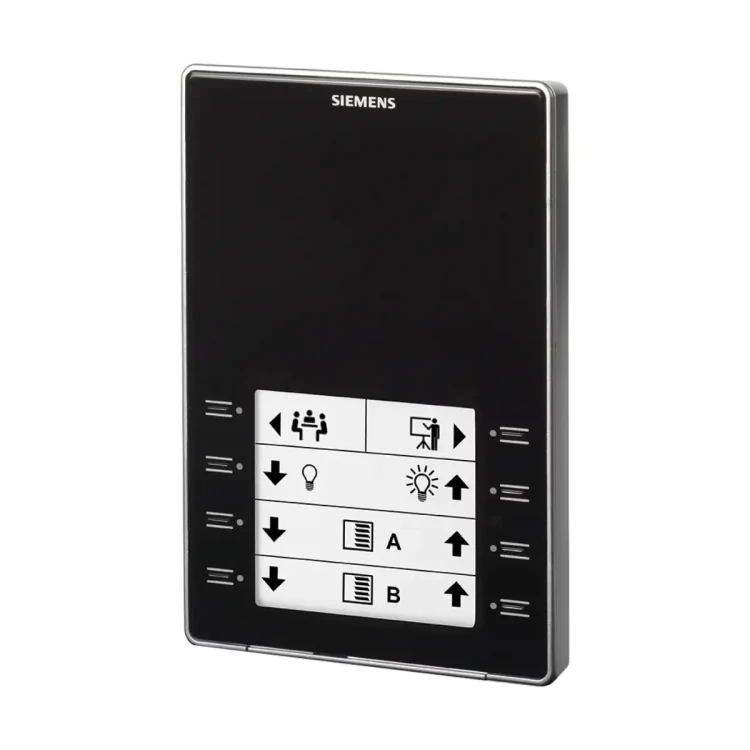 QMX3.P02-1BSC Konfigurowalny zadajnik pomieszczeniowy z wbudowanym czujnikiem temperatury, 8 przyciskami do sterowania oświetleniem i/lub żaluzjami, komunikacja KNX S-Mode lub PL-Link, kolor czarny