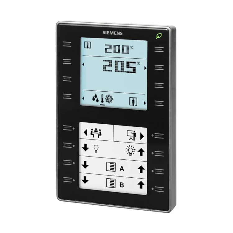 QMX3.P37-1BSC Konfigurowalny zadajnik pomieszczeniowy z wbudowanym czujnikiem temperatury, 8 przyciskami do sterowania oświetleniem i/lub żaluzjami, podświetlanym wyświetlaczem, komunikacja KNX S-Mode lub PL-Link, kolor czarny