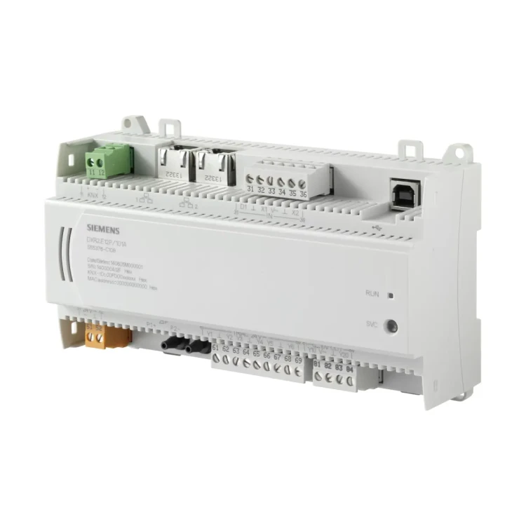 DXR2.E12PX-102A Sterownik kompaktowy 24V AC z rozszerzoną ilością obsługiwanych punktów danych, 6 wyjść triakowych, 1xDI, 2xUI, 2xAO, wbudowany czujnik ciśnienia, komunikacja BACNet/IP, wbudowana magistrala KNX/PL-Link