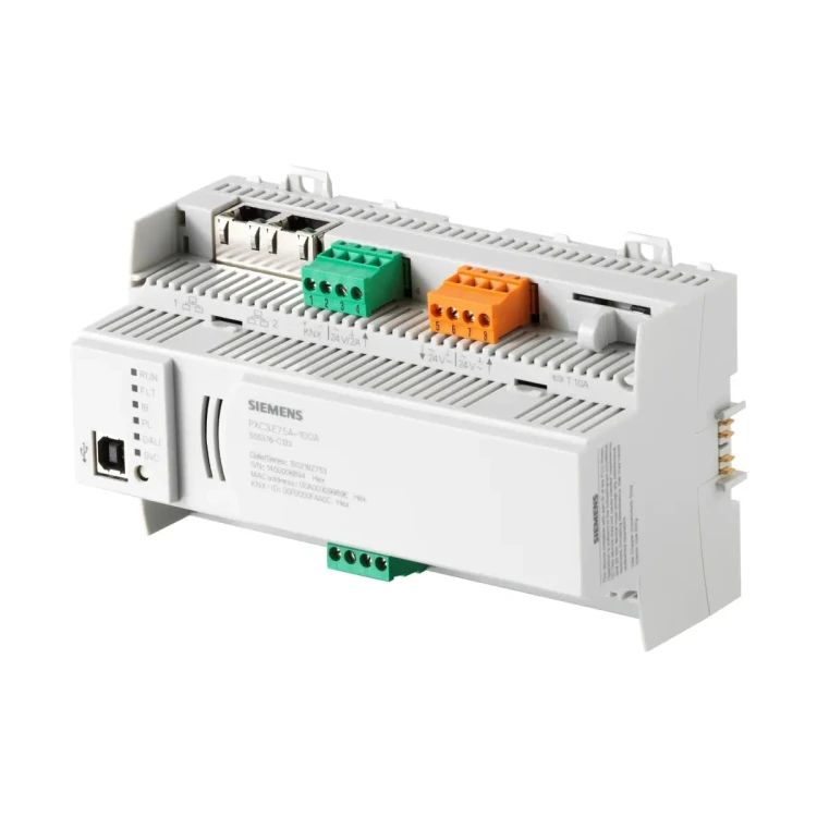 PXC3.E75A-200A Sterownik modułowy serii PXC3, maks. liczba fizycznych we/wy 200, komunikacja BACnet/IP, wbudowana magistrala KNX/PL-Link i DALI-2, obsługa czujników obecności DALI-2, interfejs magistrali międzymodułowej