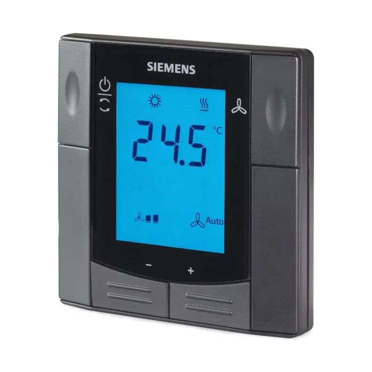 RDF302/VB Regulator pomieszczeniowy, 230 V AC, 5..40 °C, komunikacja Modbus, klimakonwektory 2- lub 4-rurowe, sprężarki, wyjścia sterujące do wyboru 2-stawne (maks. 2) lub 3-stawne (maks. 1). Kolor czarny