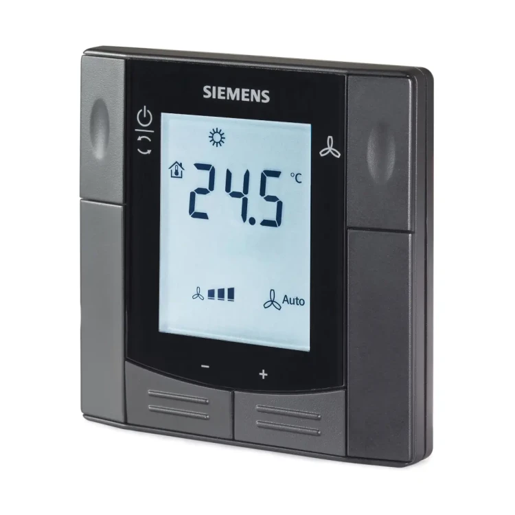 RDF600KN/VB Regulator pomieszczeniowy, 230 V AC, 5..40 °C, 3 tryby pracy,  2 wejścia np. dla czujnika wyniesionego, zewnętrzne przełączanie trybu pracy, komunikacja KNX. Kolor czarny.