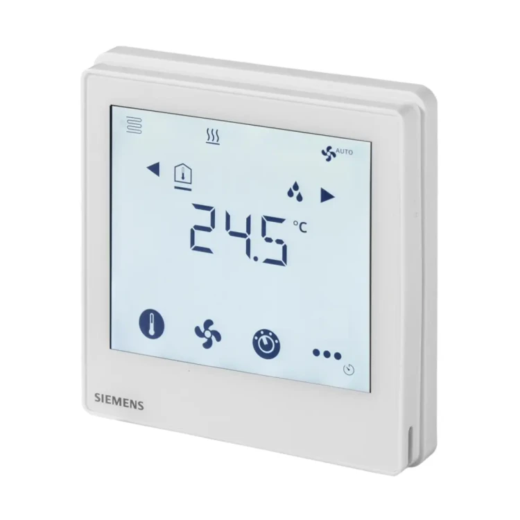 RDF880KN Regulator pomiesczeniowy z ekranem dotykowym do ogrzewania podłogowego z interfejsem dla jednostek VRF (temperatura zadana, tryb pracy, bieg wentylatora), wyjście 2-stawne, 2 wejścia multifunkcyjne. Komunikacja KNX