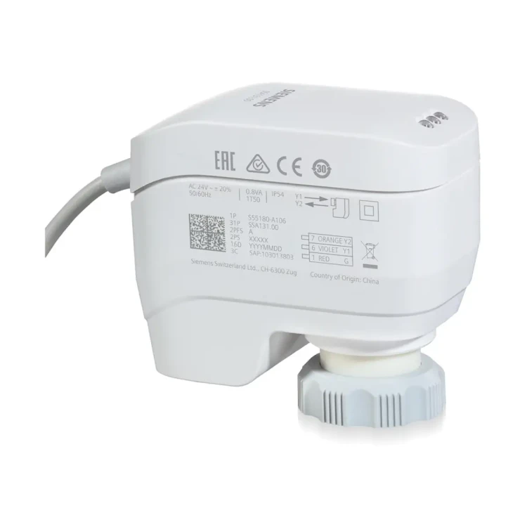 SSA131.00 Siłownik elektromechaniczny, skok 1,2..6,5 mm, 100 N, 3-stawny, 24 V AC, 27 s/mm, kabel 1,5 m