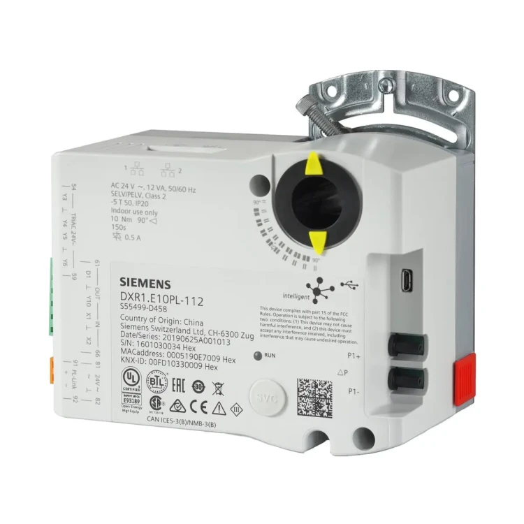 DXR1.E10PL-112 Sterownik kompaktowy 24 V AC ze zintegrowanym siłownikiem 5Nm 1x AO, 4 wyjścia triakowe, 2 UI, 4 DO, 1 AO, wbudowany czujnik różnicy ciśnień, komunikacja KNX PL-Link z dedykowanym zadajnikiem, aplikacja VAV045