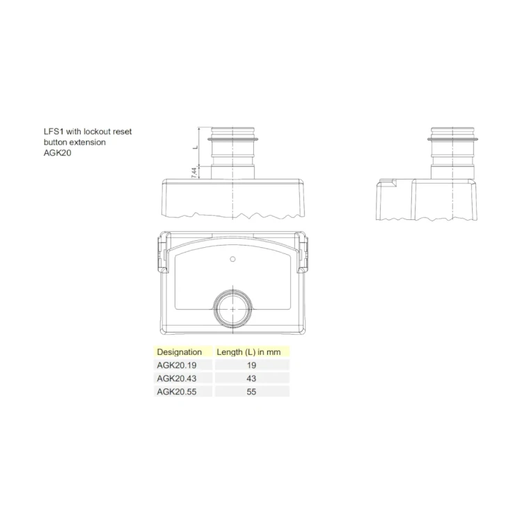 AGK20.19 Wydłużenie przycisku Reset o 19mm w sterowniku palnika LME..
