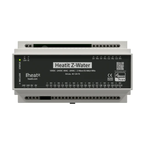 Heatit Z-Water Sterownik ogrzewania wodnego, Z-Wave, 10 wyjść przekaźnikowych, 4 wejścia analogowe, zasilanie 230VAC, wyjście 24VDC, montaż na szynie DIN