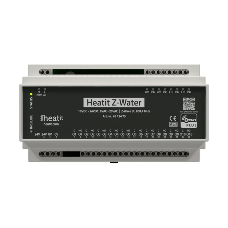 Heatit Z-Water Sterownik ogrzewania wodnego, Z-Wave, 10 wyjść przekaźnikowych, 4 wejścia analogowe, zasilanie 230VAC, wyjście 24VDC, montaż na szynie DIN