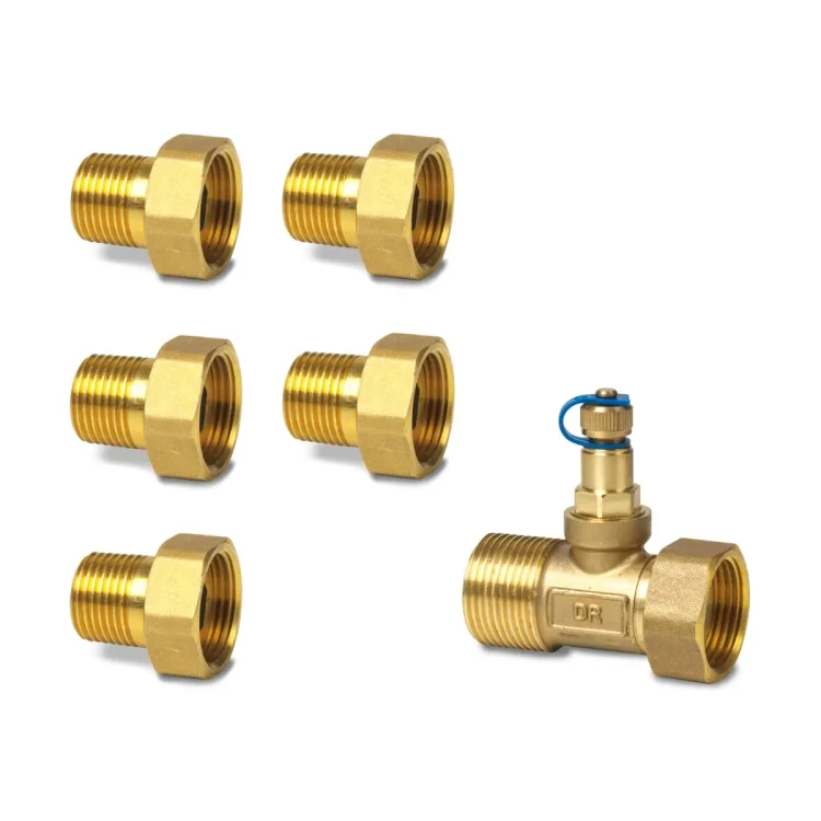 ALN14.155B-ALP55 Zestaw śrubunków gwintowanych (5 szt.), przyłącze zaworu G3/4, przyłącze instalacji R1/2, mosiądz, z króćcem pomiaru ciśnienia