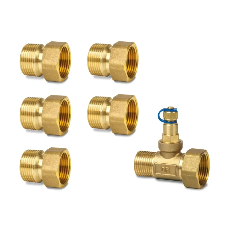 ALN15.255B-ALP58 Zestaw śrubunków gwintowanych (5 szt.), przyłącze zaworu G1, przyłącze instalacji R1, mosiądz, z króćcem pomiaru ciśnienia