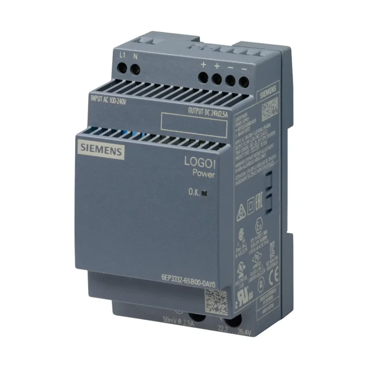 6EP3332-6SB00-0AY0 – LOGO!POWER 24 V / 2.5 A Zasilacz, wejście: 100-240 V AC, wyjście: 24 V DC / 2.5 A
