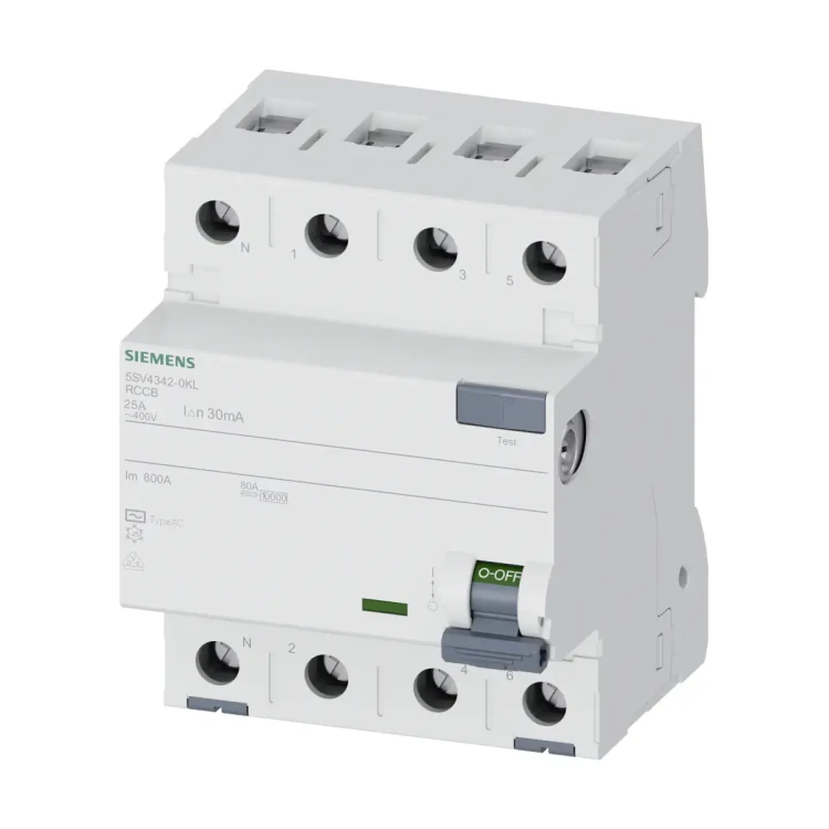 5SV4342-0KL Wyłącznik różnicowoprądowy, typ AC, 30mA, 400V, In: 25A, 3P+N, N z lewej