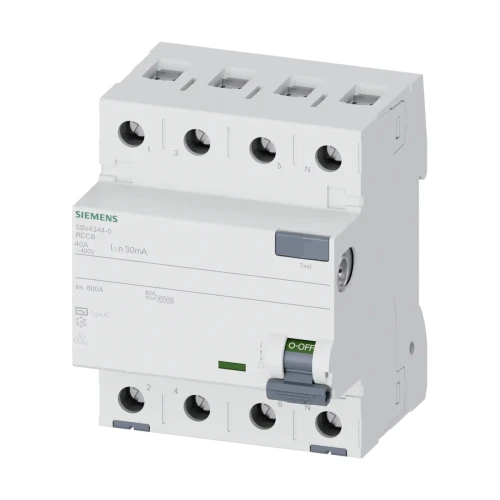 5SV4344-0 Wyłącznik różnicowoprądowy, typ AC, 30mA, 400V, In: 40A, 3P+N, N z prawej