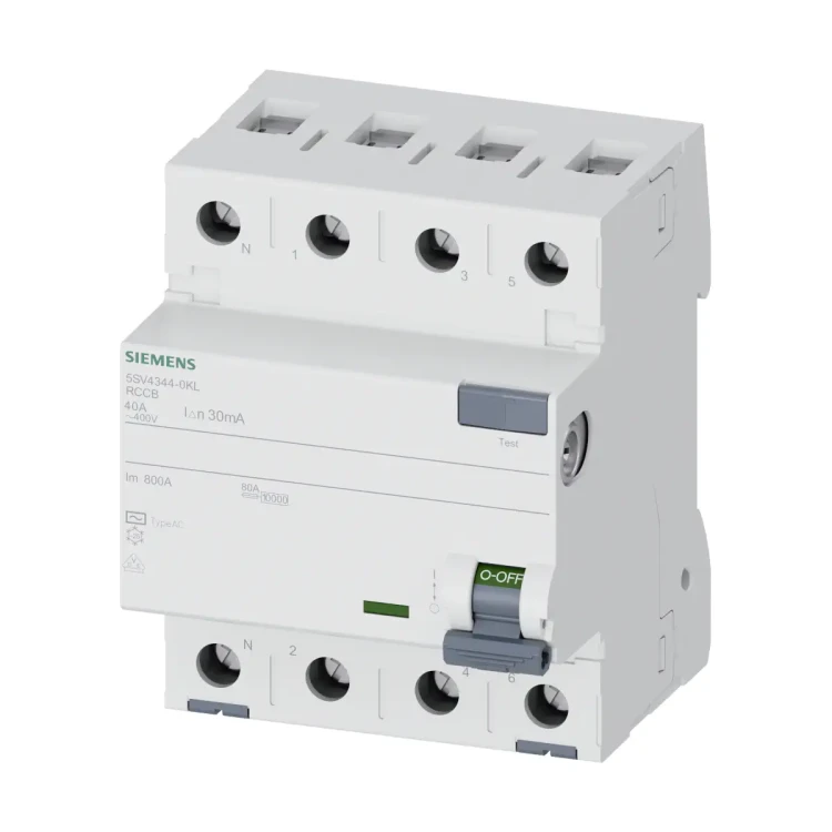 5SV4344-0KL Wyłącznik różnicowoprądowy, typ AC, 30mA, 400V, In: 40A, 3P+N, N z lewej