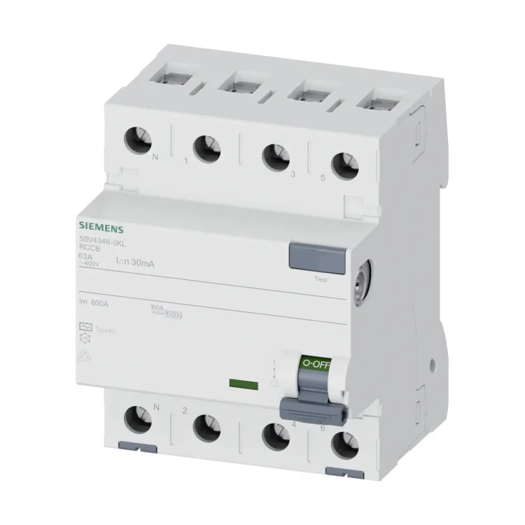 5SV4346-0KL Wyłącznik różnicowoprądowy, typ AC, 30mA, 400V, In: 63A, 3P+N, N z lewej