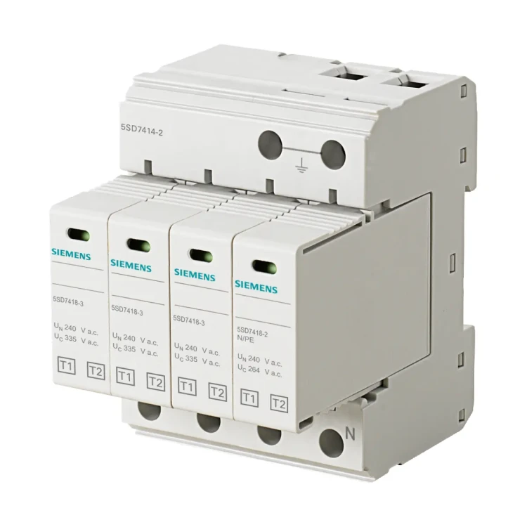 5SD7414-2 Ogranicznik przepięć B+C TYP1 + TYP2, Un 240/400 V, Uc 335/264 V AC, wtykowe wkłady ochronne, układ 3+1 (TN-S, TT) 12,5KA