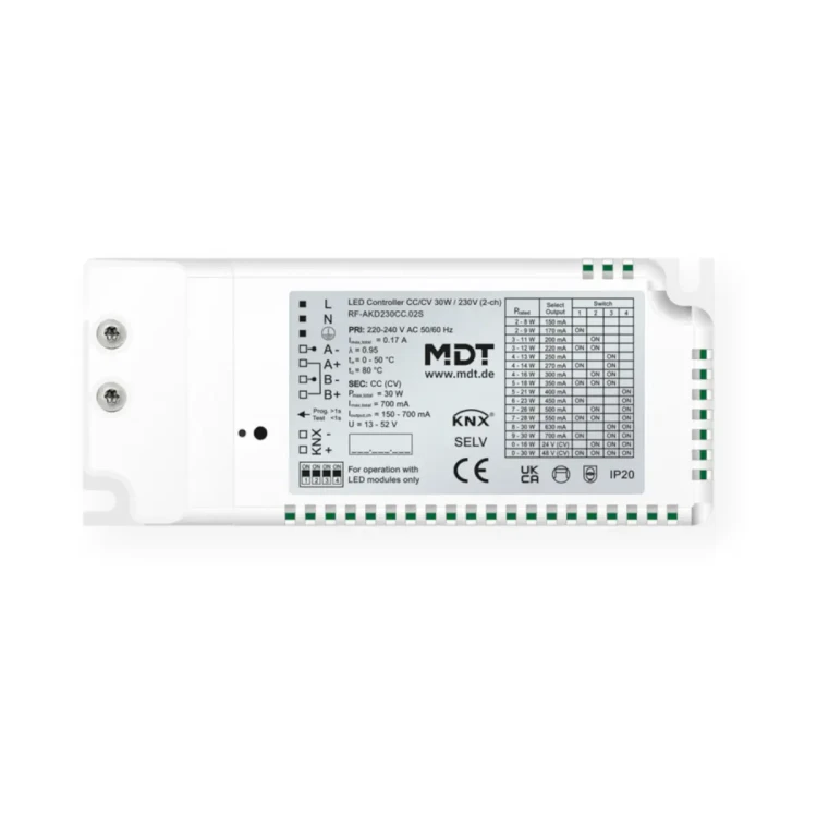 RF-AKD230CC.02S KNX RF+ sterownik LED CC/CV 30 W / 230 V, 2-kanałowy, z funkcją Secure